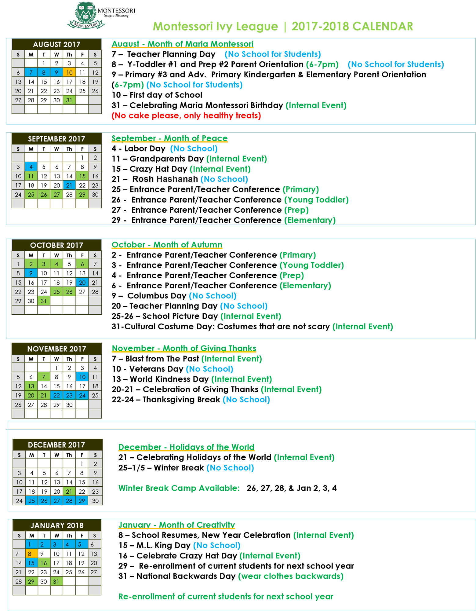 calendar montessori ivy league academy